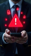 Poster - Businessman holding smartphone with security alert symbol, emphasizing the importance of cybersecurity awareness and protection in the digital age, security concept