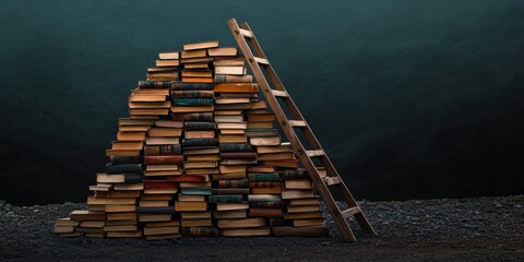 Fototapete - Minimalist Knowledge Ascent Vintage Book Pyramid with Rustic Wooden Ladder - Inspiring Educational Growth and Intellectual Empowerment in Digital Learning Era