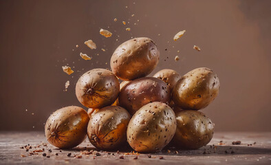 Poster - Pile of gold potatoes with some of them broken. The pile is on a table. There are at least 12 potatoes in the pile