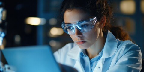 Poster - Future-Forward Scientific Innovation Female Professional in High-Tech Laboratory Analyzing Advanced Research with Precision Augmented Reality Safety Eyewear and Digital Interface