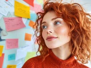 Aufkleber - Vibrant Creative Brainstorming Gen Z Professional in Textured Rust Knit Exploring Innovative Ideation Against Colorful Sticky Note Landscape of Possibility