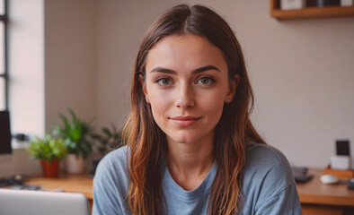 Aufkleber - Woman with brown hair and brown eyes is sitting at a desk. She is wearing a blue shirt and smiling