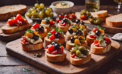 Poster - Tray of bread with a variety of toppings including tomatoes, olives, and cheese. The bread is cut into small pieces and arranged on a wooden board