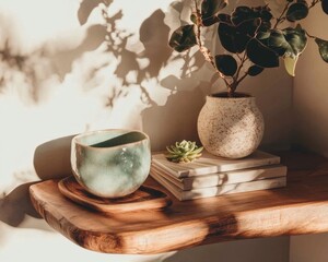 Poster - Zen Minimalist Home Office Organic Wooden Shelf Styling with Ceramic Pottery, Succulent, and Soft Natural Lighting - Wellness-Inspired Workspace Design