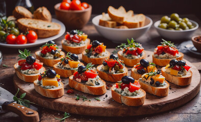 Poster - Tray of bread with various toppings including tomatoes, olives, and cheese. The tray is on a wooden table