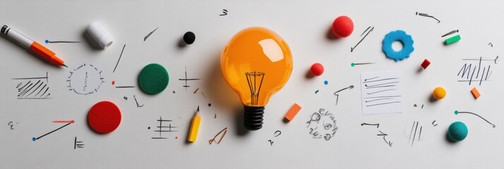 Poster - Dynamic Innovation Visualization Bright Yellow Lightbulb Amid Minimalist Design Tools - Creative Ideation Landscape for Entrepreneurial Strategy and Digital Transformation
