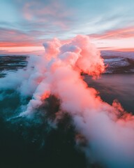 Poster - Ethereal Geothermal Energy Visualization Dynamic Steam Vents Illuminated by Sunset Gradient - Sustainable Power Innovation Landscape