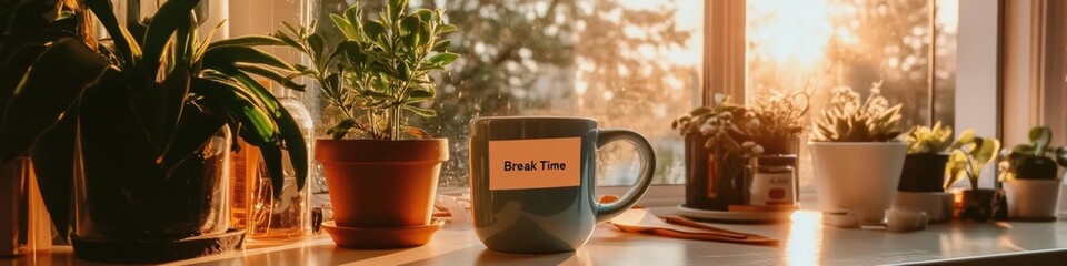 Poster - Mindful Workspace Serenity Soft Golden Light Illuminates Minimalist Desk with Break Time Wellness Ritual - Productivity-Enhancing Home Office Aesthetic