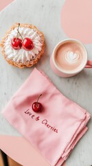 Aufkleber - Soft Aesthetic Cafe Moment Cherry-Inspired Gourmet Dessert and Artisan Latte - Millennial Social Media Content and Lifestyle Branding Inspiration