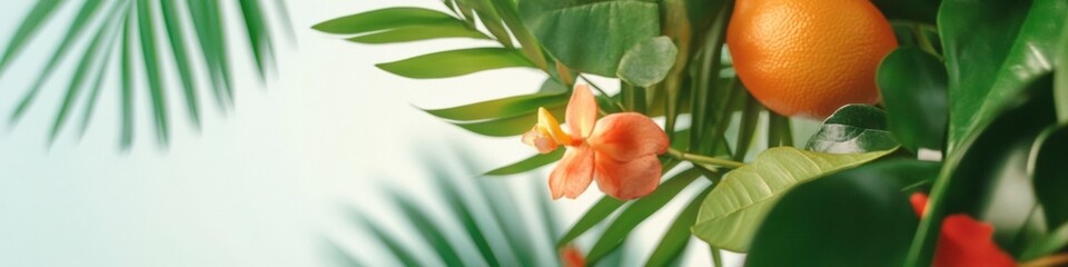Aufkleber - Vibrant Botanical Minimalism Tropical Palm Leaf Aesthetic with Soft Peach Bloom and Orange - Contemporary Wellness Design Inspiration