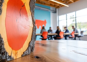 Aufkleber - Hybrid Collaborative Workspace Organic-Modern Design Merging Natural Wood Textures with Vibrant Urban Innovation for Multigenerational Team Productivity