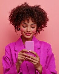Poster - Vibrant Digital Empowerment Gen Z Entrepreneur Connects through Sleek Magenta Mobile Interface - Stylish Tech Connectivity and Professional Lifestyle Branding