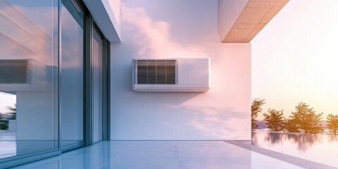 Poster - Minimalist Climate Control Sleek White Air Conditioner Transforming Modern Living Spaces with Smart Cooling Technology and Architectural Elegance