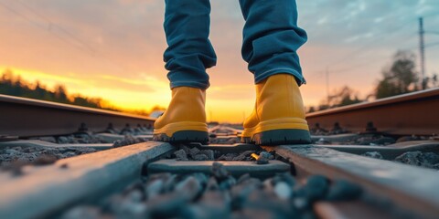Poster - Next-Gen Industrial Safety Dynamic Low-Angle Railway Inspection Visual with High-Visibility Workwear, Capturing Technical Precision and Workplace Innovation