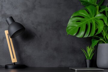 Poster - Minimalist Biophilic Workspace Dark Concrete Modern Home Office with Monstera Plant, Sleek Task Lighting and Eco-Conscious Design for Productivity and Wellbeing