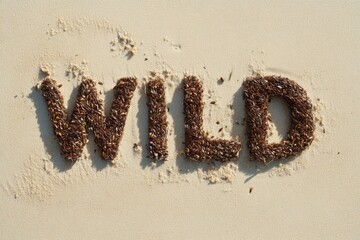 Poster - Eco-Conscious Typography Sustainable Wilderness Branding with Organic Seeds Spelling WILD on Golden Beach Sand - Minimalist Nature-Inspired Design Concept
