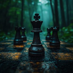 Poster - Mystical Strategic Planning Cinematic Chess Metaphor in Enchanted Forest - Immersive Decision-Making Visualization for Business Innovation and Mindful Leadership