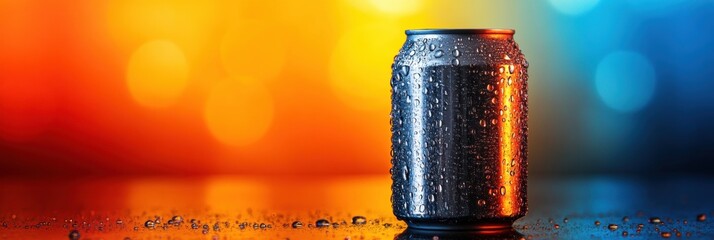 Poster - Classic soda can glistening with condensation against a vibrant, colorful background showcasing reflections and contrasts