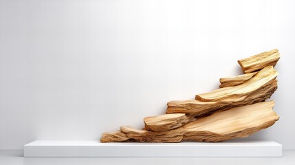 Aufkleber - Arrangement of wood pieces displays a stepped design on a white platform against a plain backdrop.