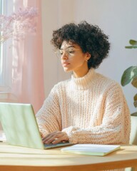 Aufkleber - Soft-Focused Digital Wellness Mindful Remote Work Aesthetic with Sustainable Knitwear - Empowering Gen Z Professional Creativity in Minimalist Home Office