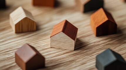 Poster - Minimalist Real Estate Investment Visualization Eco-Friendly Wooden House Models Symbolizing Sustainable Wealth Creation and Portfolio Diversification Strategy