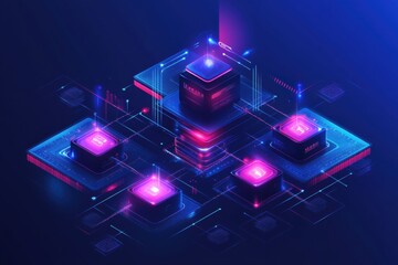 Aufkleber - Futuristic digital financial network with interconnected glowing nodes and dark blue gradient