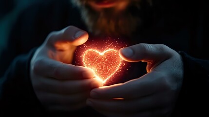 Poster - Glowing heart shape formed by magical light particles floating between gentle hands against dark background, creating romantic atmospheric scene.