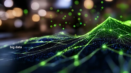 Poster - Abstract digital landscape with glowing green network connections and data points on dark background with bokeh lights, representing big data and artificial intelligence.