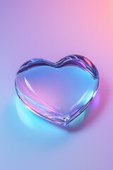 Poster - Translucent glass heart shape with iridescent reflections on gradient pink and purple background, glowing with blue light. Modern romantic concept art.