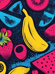 Poster - Bold pop-art background with neon fruit illustrations featuring electric blue and pink contrasting colors