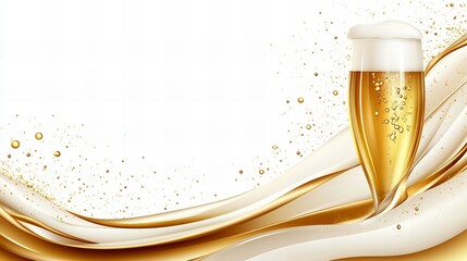 Aufkleber - beer glass with foamy head and golden liquid stands amidst swirling cream-colored designs on a white