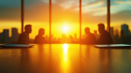 Poster - Silhouetted Business Meeting at Sunset in Modern Office with Cityscape View and Warm Light Glow