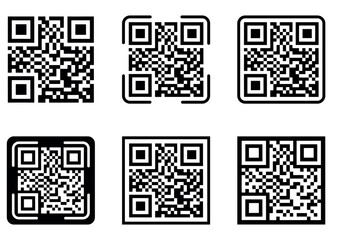 Fototapete - Set of six QR codes with various design styles, showcasing different shapes, borders, and layouts, ideal for digital marketing and mobile scanning applications.