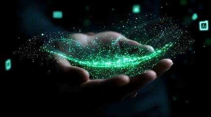 Poster - Magical glowing green particles floating above outstretched palm against dark background, creating ethereal swirling pattern with sparkles and light effects.