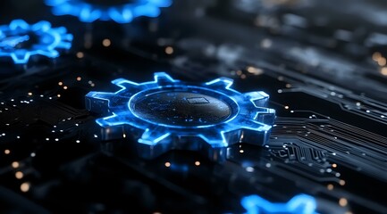 Poster - Glowing blue gear wheel icon on computer circuit board with bokeh effect, representing digital transformation and automated technology solutions.