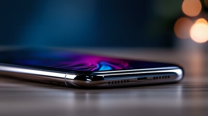 Poster - modern smartphone with glossy screen reflecting vibrant purple and blue colors against dark backgrou