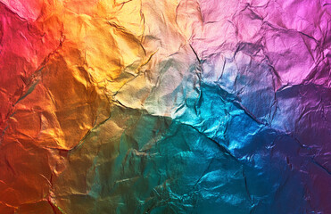 Poster - Colorful crumpled foil texture background vibrant rainbow gradient abstract metallic paper surface design
