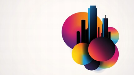 Aufkleber - black buildings stand on colorful circles against a white background, creating an abstract cityscape