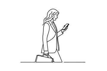 Poster - Businesswoman Walking Smartphone Bag Line Art Minimalist Illustration