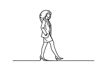 Poster - Walking Woman, Business Style, Curly Hair, Line Art, Dress, Heels, Side Profile, Elegant, Profession