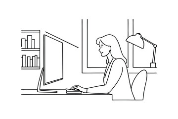 Aufkleber - Woman Working at Home Office Desk Computer Keyboard Bookshelf Lamp