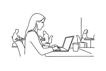 Aufkleber - Woman Working Laptop Cafe Coffee Shop Outline Drawing Sketch