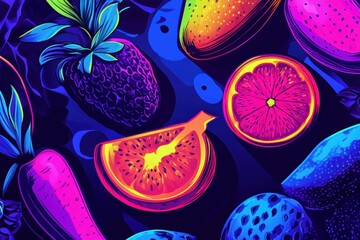 Aufkleber - Bold pop-art styled neon fruit illustrations with electric blue and pink hues create a vibrant background full of energy and color
