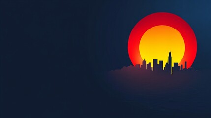 Aufkleber - city skyline silhouettes emerge before a large yellow and red sun, creating a stark contrast in the 