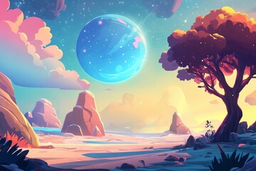 Wall Mural - fantasy landscape with moon and stars