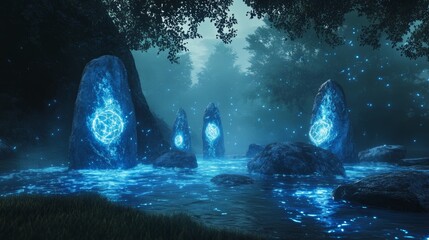 Poster - The water appears to be liquid light, pulsing with energy, as mystical blue runes shine on the surrounding stones.
