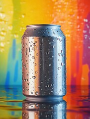Poster - Classic soda can glistens with condensation against a vibrant and colorful backdrop creating a striking visual contrast