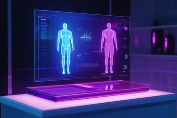 Leinwandbilder - Futuristic holographic fitness tracker displays calorie count and weight loss progress in neon blue and purple design