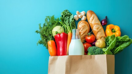 Poster - Fresh produce and bakery items overflowing from a brown paper grocery bag against a bright solid background