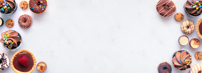 Leinwandbilder - Dessert double border with a variety of sweets. Top view on a white stone banner background with copy space.